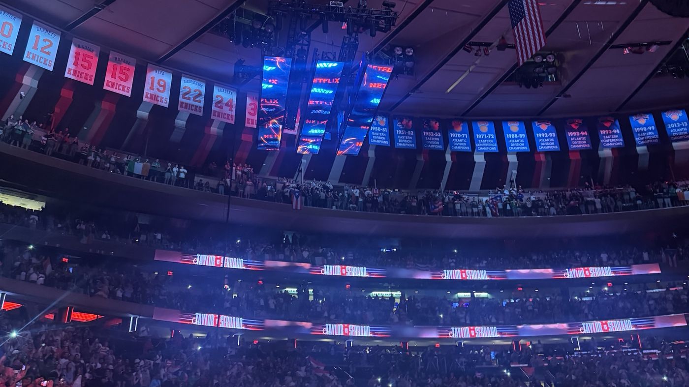 Madison Square Garden bowl under red and blue lights