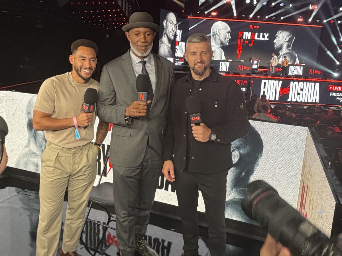 Presenting team with Netflix and Ring microphones at the Fury v Joshua press conference